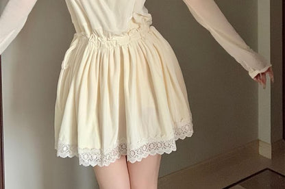 Set: Long-Sleeve Crew Neck Plain T-Shirt + Spaghetti Strap Lace Panel Drawstring Waist Mini A-Line Dress