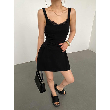 Spaghetti Strap Scoop Neck Plain Lace Trim Ruched Mini A-Line Dress