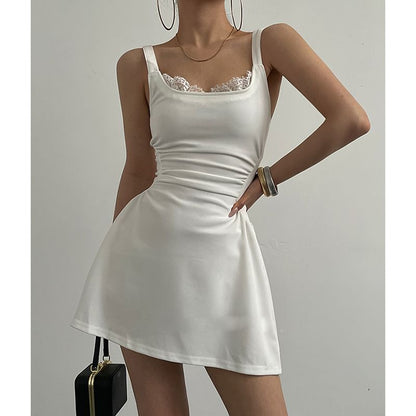 Spaghetti Strap Scoop Neck Plain Lace Trim Ruched Mini A-Line Dress