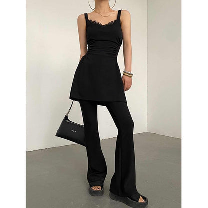 Spaghetti Strap Scoop Neck Plain Lace Trim Ruched Mini A-Line Dress