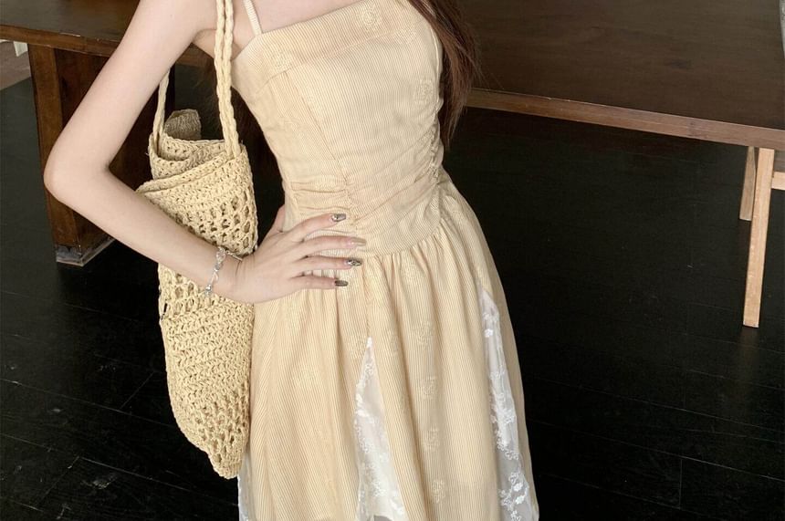 Spaghetti Strap Plain Ruched Lace Panel Maxi A-Line Dress