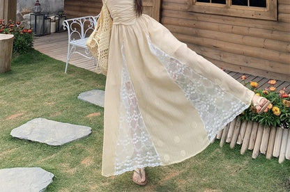 Spaghetti Strap Plain Ruched Lace Panel Maxi A-Line Dress