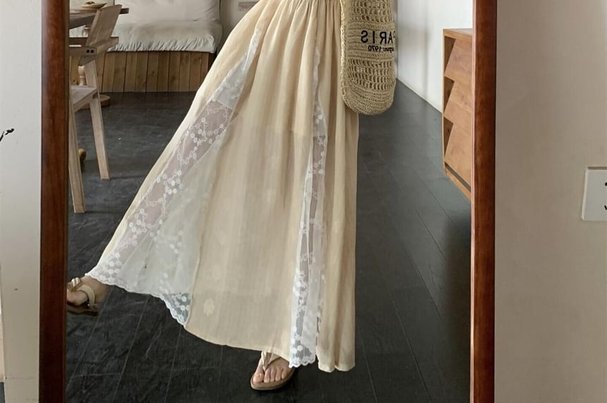 Spaghetti Strap Plain Ruched Lace Panel Maxi A-Line Dress