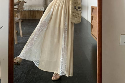 Spaghetti Strap Plain Ruched Lace Panel Maxi A-Line Dress