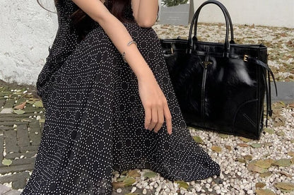 Spaghetti Strap V-Neck Dotted Maxi A-Line Dress