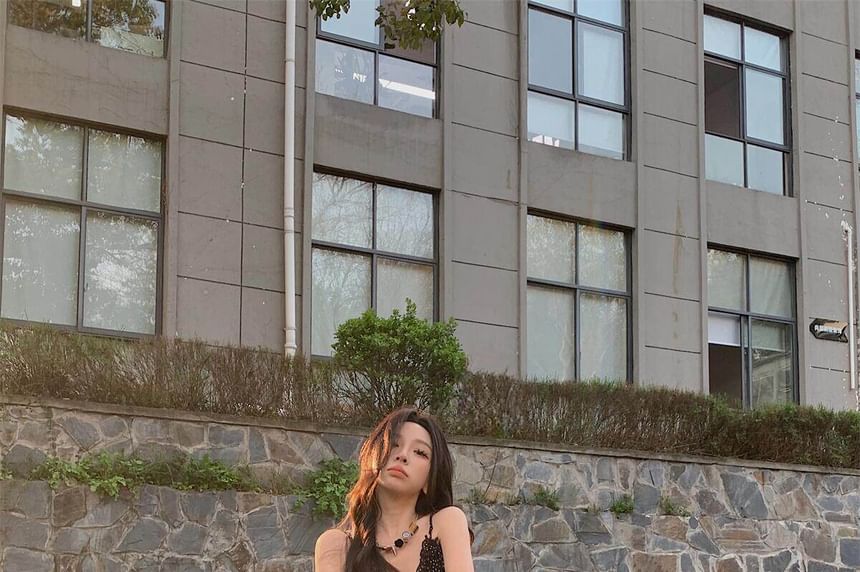 Spaghetti Strap V-Neck Dotted Maxi A-Line Dress