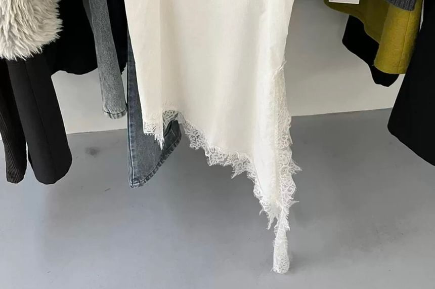 Spaghetti Strap Asymmetrical Plain Lace Trim Mini A-Line Dress