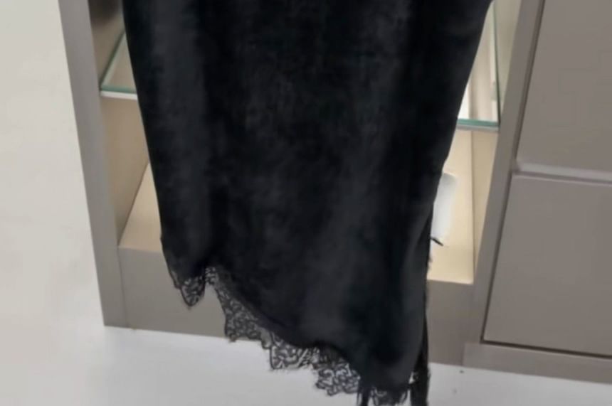 Spaghetti Strap Asymmetrical Plain Lace Trim Mini A-Line Dress
