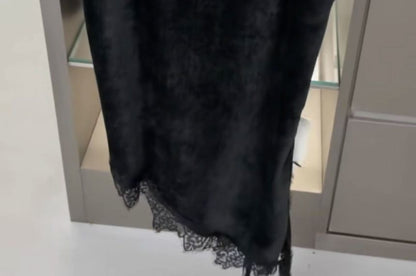 Spaghetti Strap Asymmetrical Plain Lace Trim Mini A-Line Dress