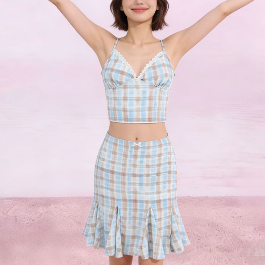 Spaghetti Strap V-Neck Plaid Crop Camisole Top / Mid Rise Plaid Mermaid Skirt