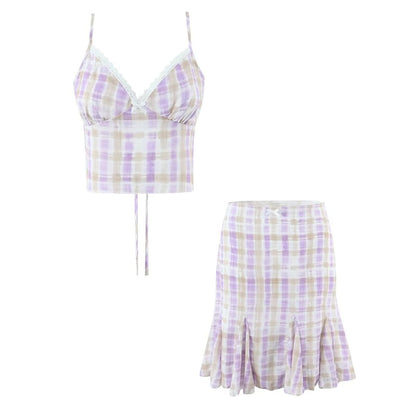 Spaghetti Strap V-Neck Plaid Crop Camisole Top / Mid Rise Plaid Mermaid Skirt