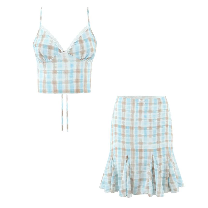 Spaghetti Strap V-Neck Plaid Crop Camisole Top / Mid Rise Plaid Mermaid Skirt