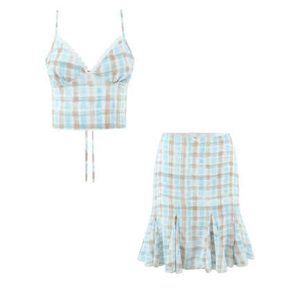 Spaghetti Strap V-Neck Plaid Crop Camisole Top / Mid Rise Plaid Mermaid Skirt