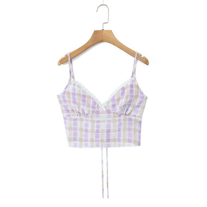 Spaghetti Strap V-Neck Plaid Crop Camisole Top / Mid Rise Plaid Mermaid Skirt
