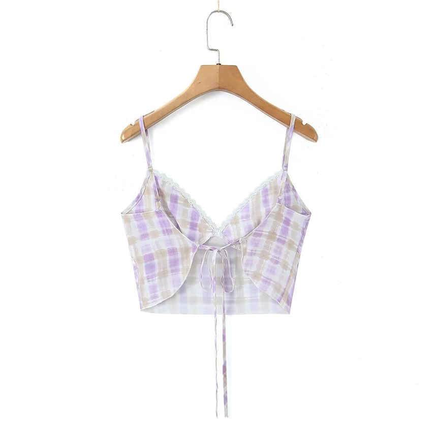 Spaghetti Strap V-Neck Plaid Crop Camisole Top / Mid Rise Plaid Mermaid Skirt