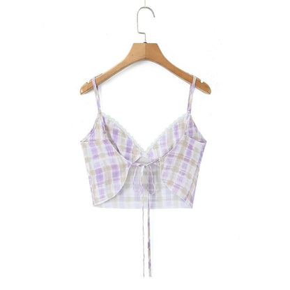 Spaghetti Strap V-Neck Plaid Crop Camisole Top / Mid Rise Plaid Mermaid Skirt