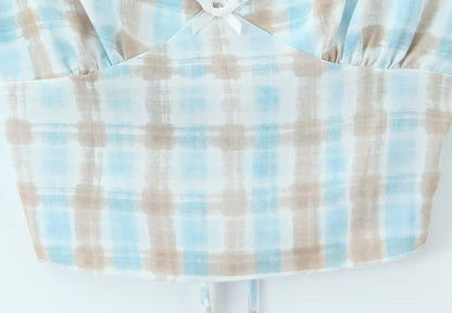 Spaghetti Strap V-Neck Plaid Crop Camisole Top / Mid Rise Plaid Mermaid Skirt