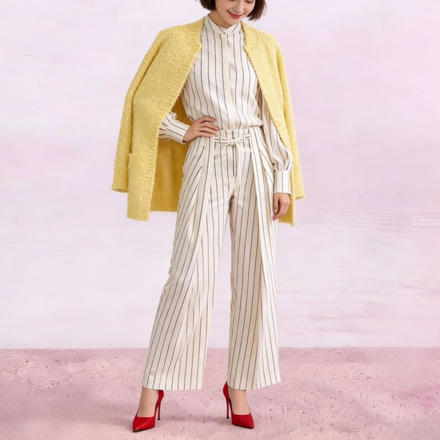 Long-Sleeve Band Collar Striped Shirt / Mid Rise Pleated Wide Leg Pants