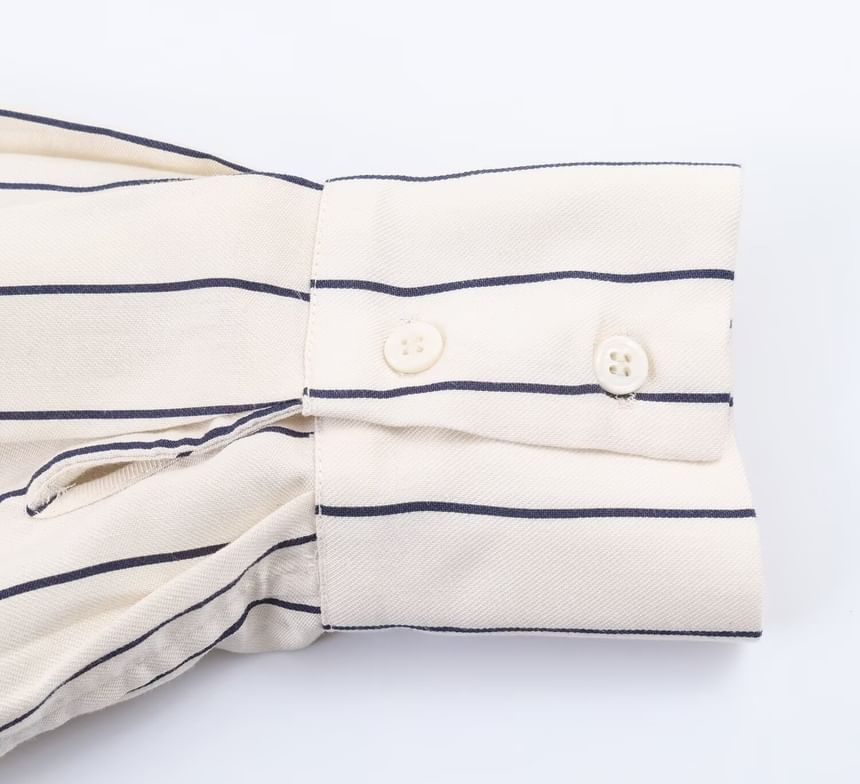 Long-Sleeve Band Collar Striped Shirt / Mid Rise Pleated Wide Leg Pants