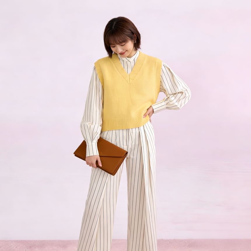 Long-Sleeve Band Collar Striped Shirt / Mid Rise Pleated Wide Leg Pants