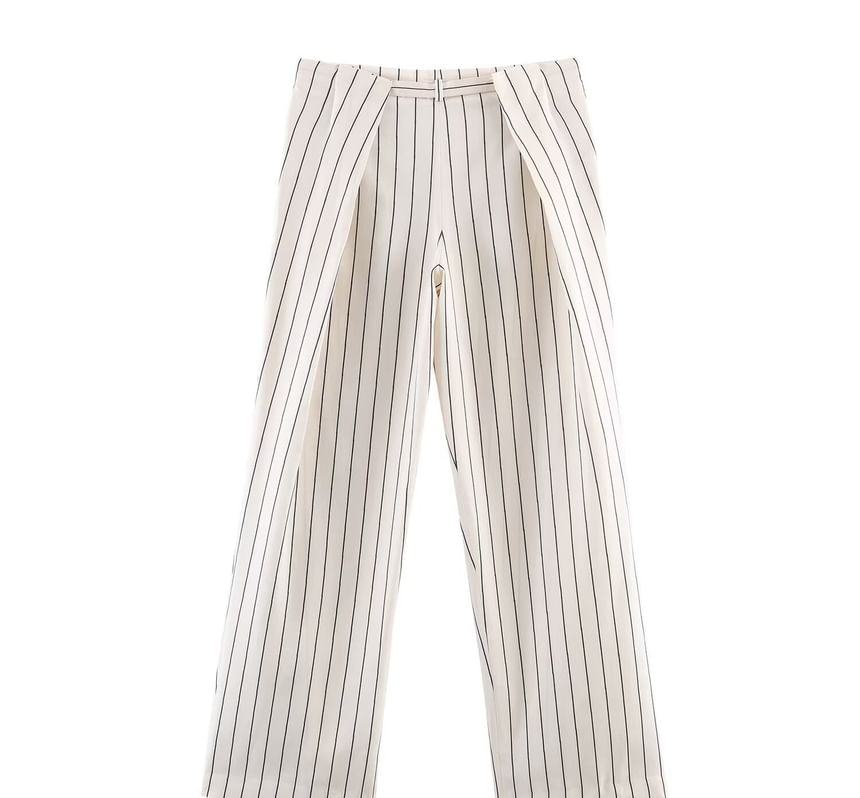 Long-Sleeve Band Collar Striped Shirt / Mid Rise Pleated Wide Leg Pants