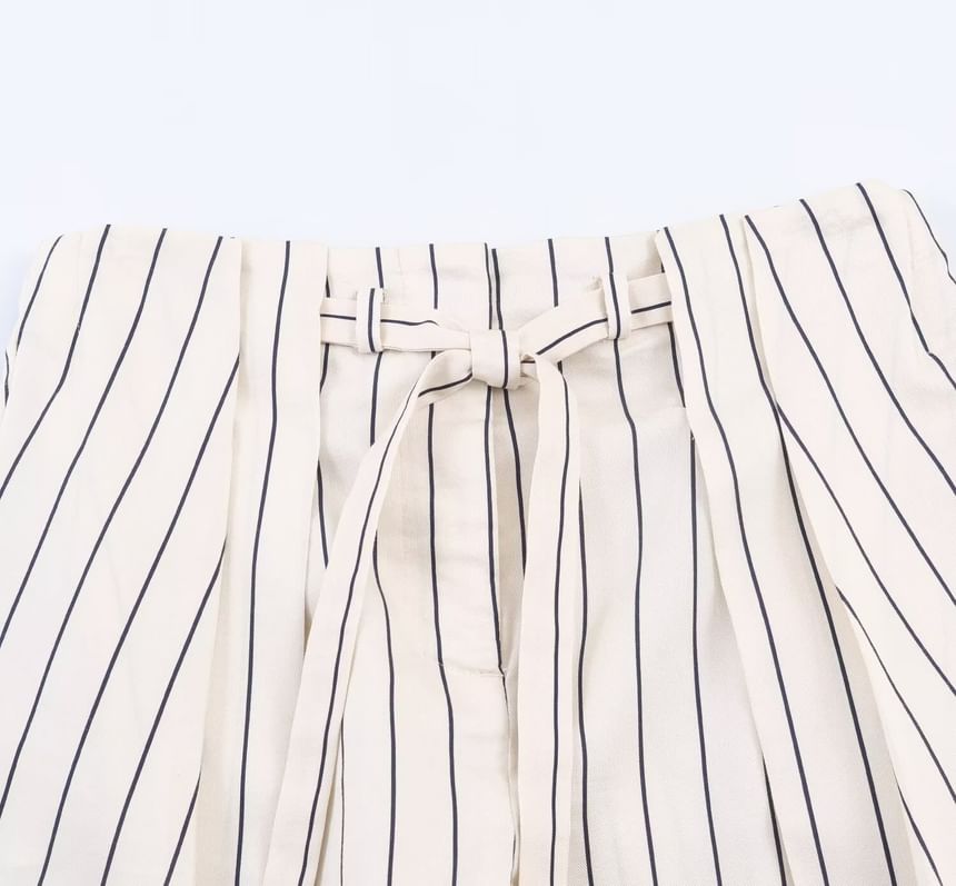 Long-Sleeve Band Collar Striped Shirt / Mid Rise Pleated Wide Leg Pants