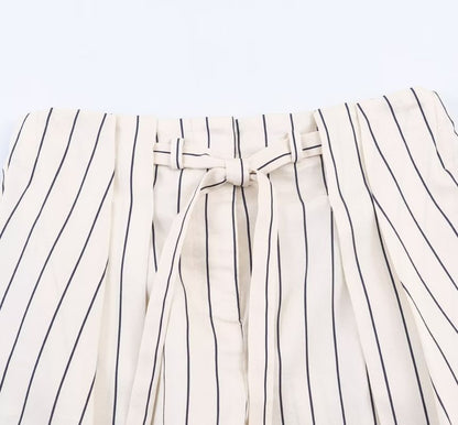 Long-Sleeve Band Collar Striped Shirt / Mid Rise Pleated Wide Leg Pants