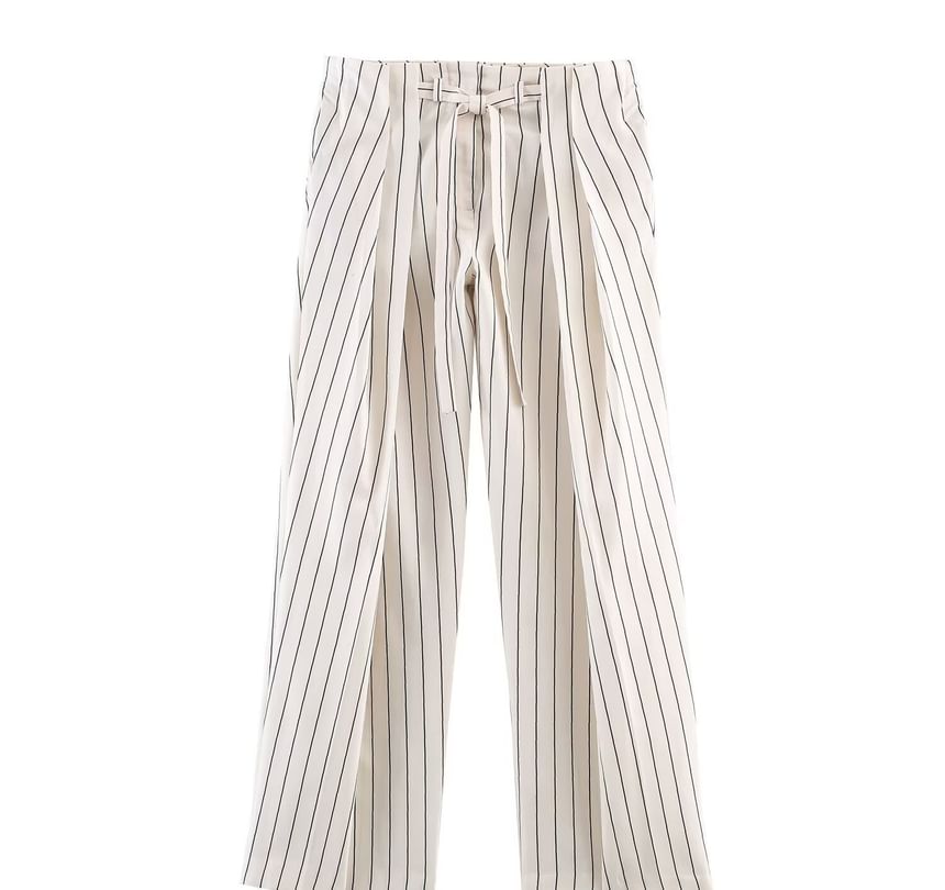 Long-Sleeve Band Collar Striped Shirt / Mid Rise Pleated Wide Leg Pants
