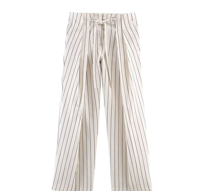 Long-Sleeve Band Collar Striped Shirt / Mid Rise Pleated Wide Leg Pants