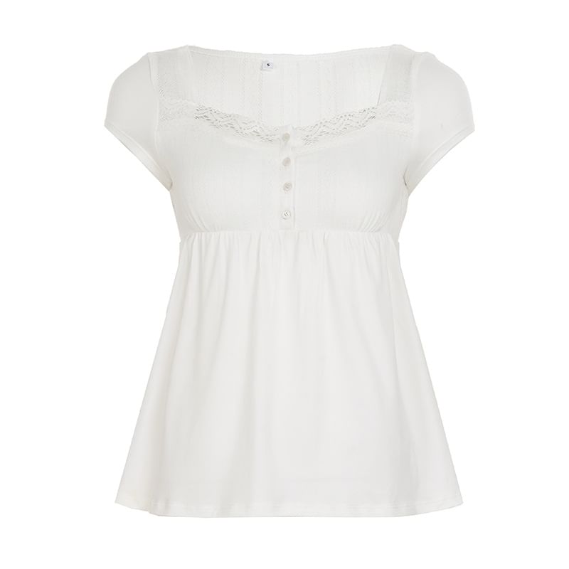 Short Sleeve Square Neck Lace-Trim Half-Button A-Line Babydoll Top