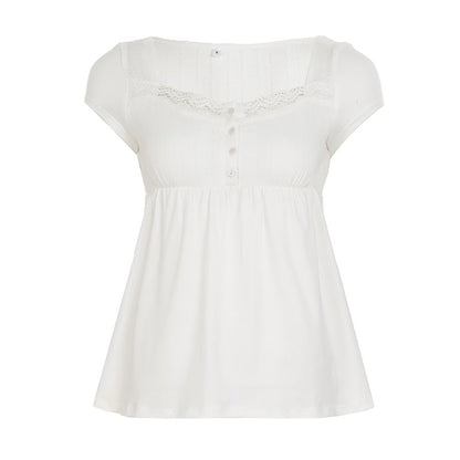 Short Sleeve Square Neck Lace-Trim Half-Button A-Line Babydoll Top