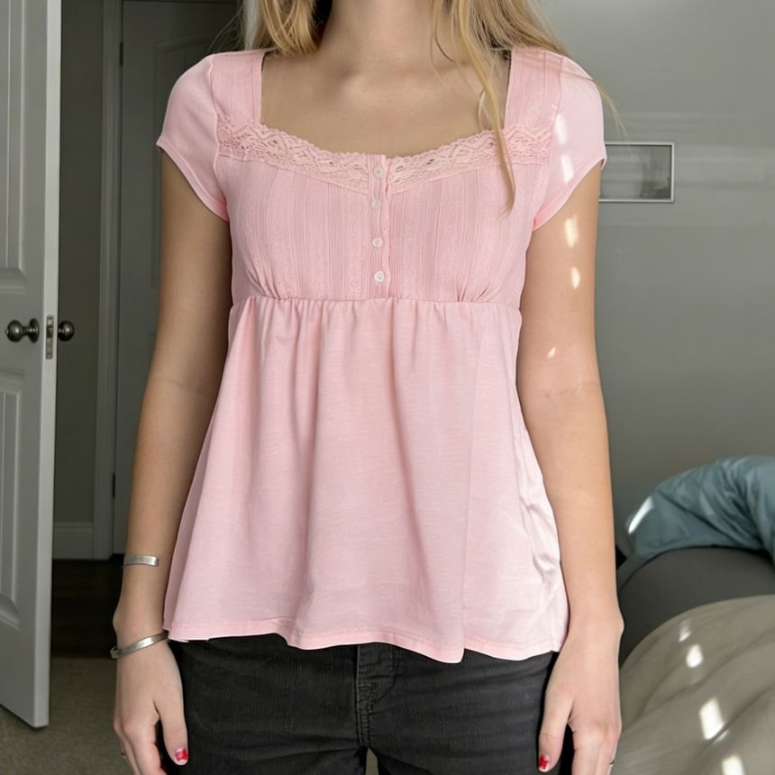Short Sleeve Square Neck Lace-Trim Half-Button A-Line Babydoll Top