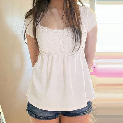 Short Sleeve Square Neck Lace-Trim Half-Button A-Line Babydoll Top