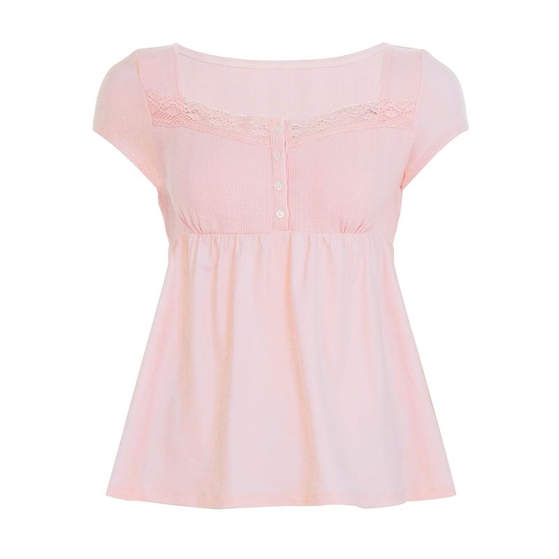 Short Sleeve Square Neck Lace-Trim Half-Button A-Line Babydoll Top