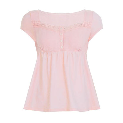 Short Sleeve Square Neck Lace-Trim Half-Button A-Line Babydoll Top