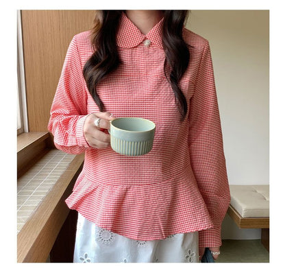 Plaid Peplum Asymmetric Collared Blouse