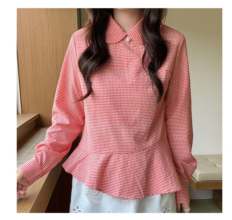 Plaid Peplum Asymmetric Collared Blouse