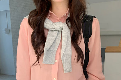 Collared Long-Sleeve Plain Shirt