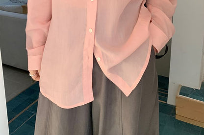 Collared Long-Sleeve Plain Shirt