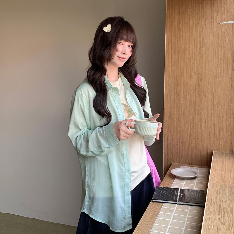 Collared Long-Sleeve Plain Shirt