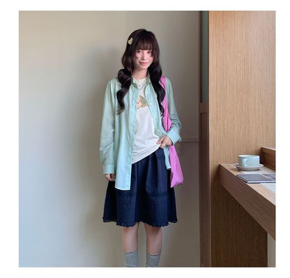Collared Long-Sleeve Plain Shirt