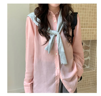 Collared Long-Sleeve Plain Shirt