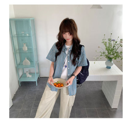 Collared Plaid Short-Sleeve Shirt