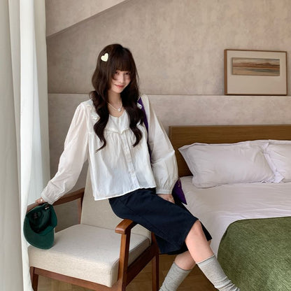 Ruffle V-Neck Long-Sleeve Blouse