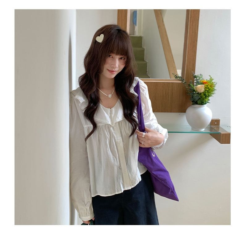 Ruffle V-Neck Long-Sleeve Blouse