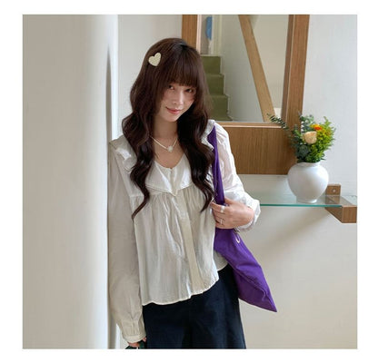 Ruffle V-Neck Long-Sleeve Blouse
