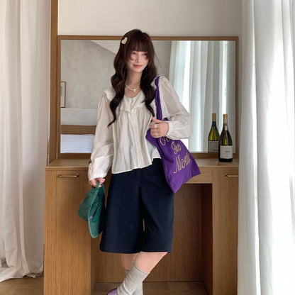 Ruffle V-Neck Long-Sleeve Blouse