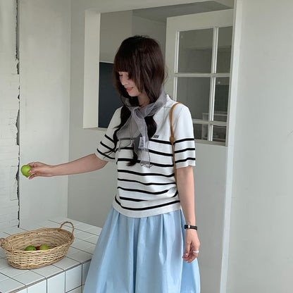 Striped V-Neck Short-Sleeve Knit