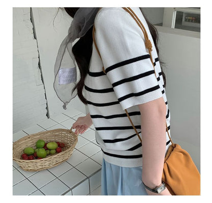Striped V-Neck Short-Sleeve Knit