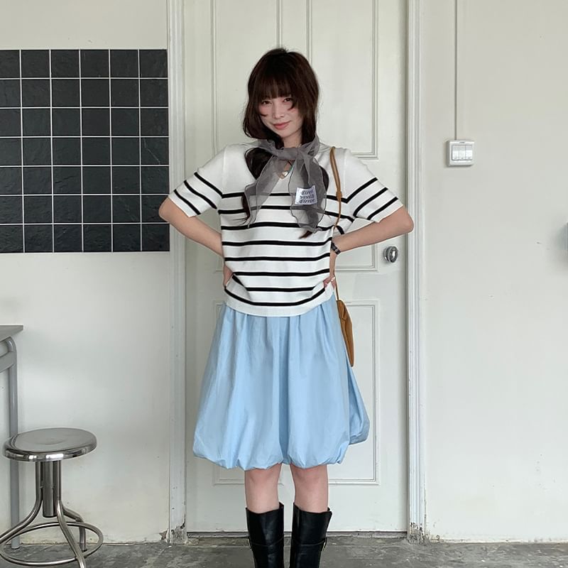 Striped V-Neck Short-Sleeve Knit